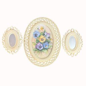 Vintage Chic Wall Art Mirror Set Oval Filigree Pansy Floral Cottage Granny Core